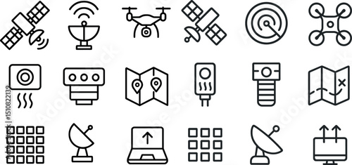 Technology icons featuring satellites, drones, and gps mapping for digital design