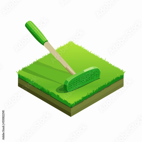 Isometric Illustration of Green Golf Putter on Grass