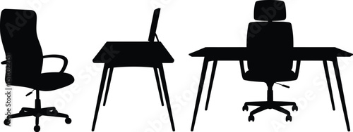 A silhouette of office furniture including chairs and desks against a white background in a studio shot
