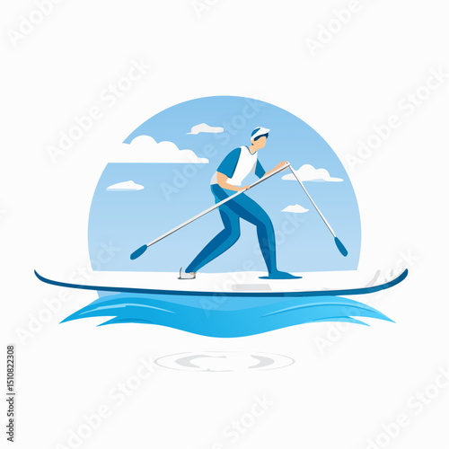 Man Paddleboarding on a Calm Ocean Under a Blue Sky