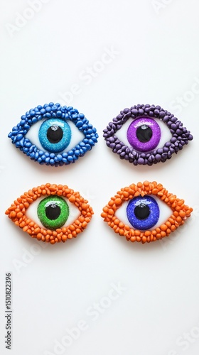 Colorful decorative eyes made from various materials showcase artistry and creativity, perfect as whimsical elements for crafts, designs, or fun projects. Explore inspiration! photo