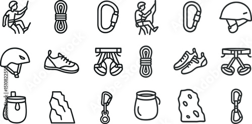 Essential rock climbing gear icons for outdoor adventure and safety