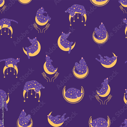 Mystical seamless pattern of cats in boho style, silhouette collection. Esotericism and mysticism, occultism. Cartoon flat vector illustrations, isolated