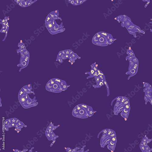 Mystical seamless pattern of cats in boho style, silhouette collection. Esotericism and mysticism, occultism. Cartoon flat vector illustrations, isolated