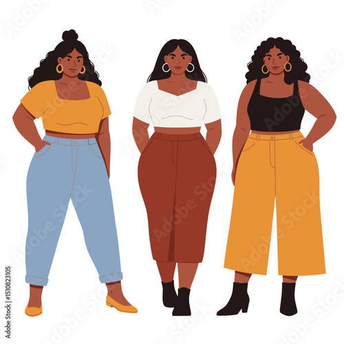 Diverse Plus Size Women in Stylish Outfits Body Positivity and Fashion Illustration Vector Graphic on White Background