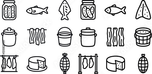 Variety of food preservation icons featuring fish, cheese, and pickles
