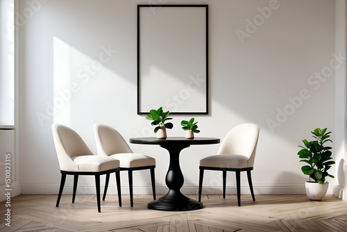 Elegant Dining Area with Modern Chairs, Dark Table and Framed Poster.