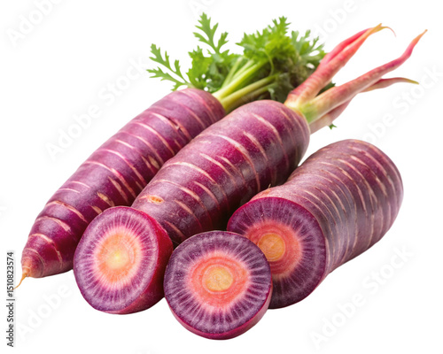 A Purple Carrot with Some Slices Isolated on Transparent Background