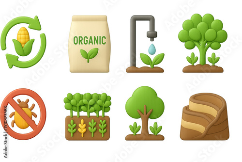 Sustainable Agriculture Icons. 3D icons set of sustainable agriculture practices: crop rotation arrows, organic fertilizer bag,