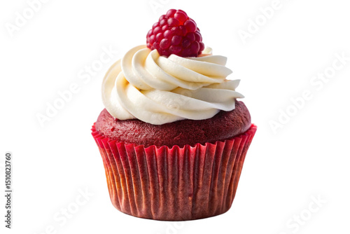 A Red Velvet Cupcake with White Frosting and a Raspberry on Top Isolated on Transparent Background photo