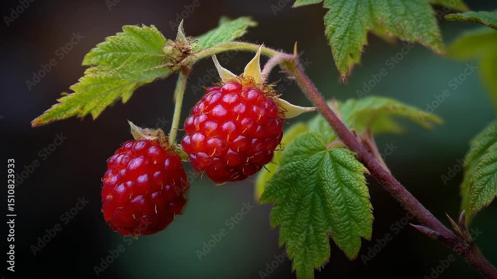 Close-up of ripe red raspberries hanging on a green vine against a blurred dark background Close-up of ripe red raspberries hanging on a green vine against a blurred dark background