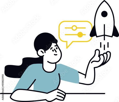 Woman with rocket and settings startup launch vector illustration business development success concept 100 vector art illustration