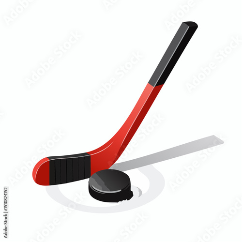 Red Hockey Stick and Puck on White Background