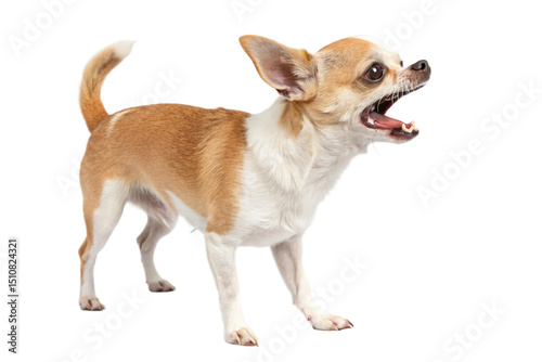 A Small Light Brown and White Chihuahua with Its Mouth Open in a Snarl or Bark Isolated on Transparent Background photo