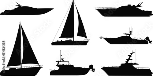 Silhouette illustration of various types of boats including sailboats and motorboats on a white background