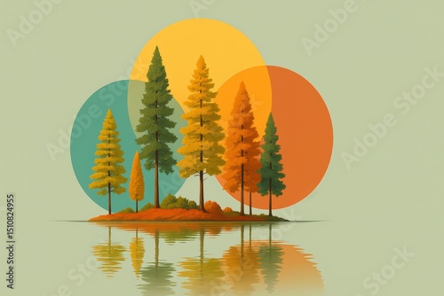 Autumn Island Landscape with Overlapping Geometric Circles