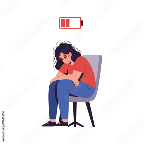 Exhausted Woman with Low Battery Symbol Burnout and Mental Health Illustration
