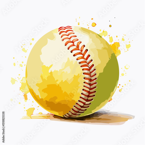 Yellow and Red Baseball with Watercolor Splashes