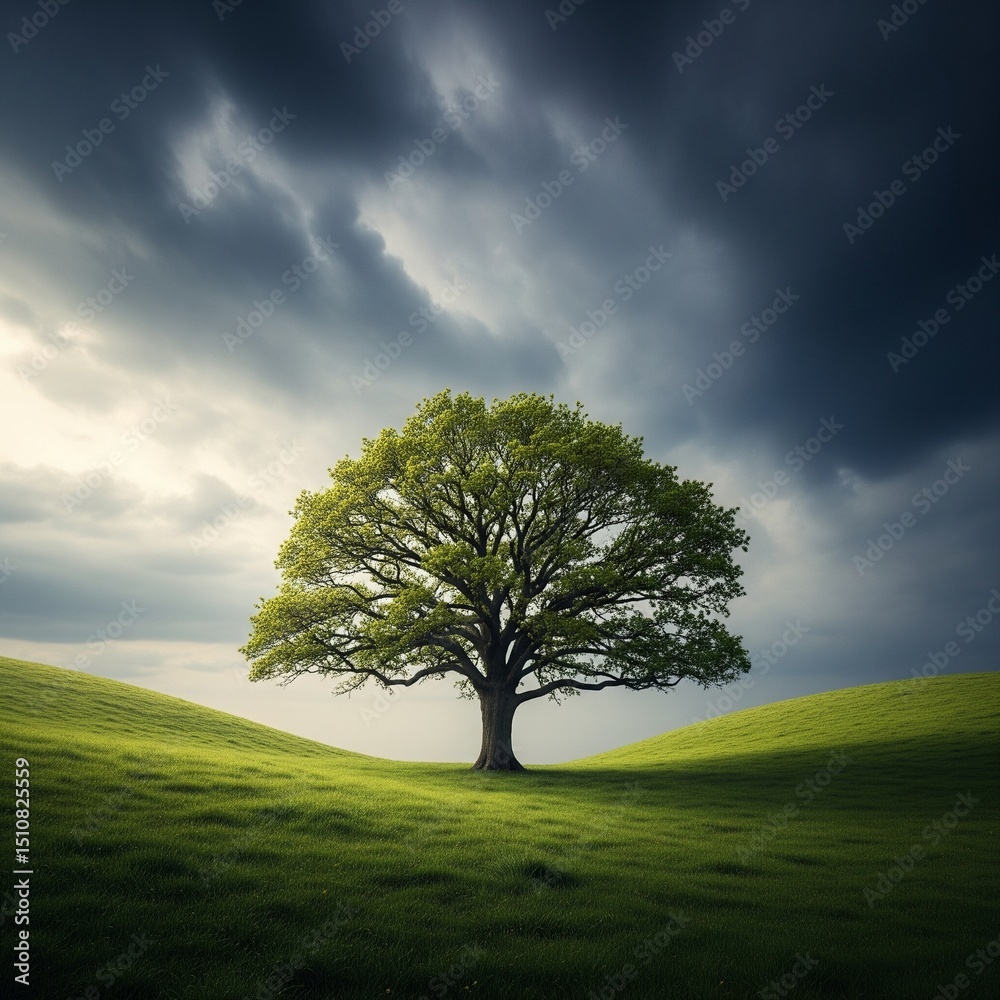 Obraz premium Lone Tree on Hill under Dramatic Sky