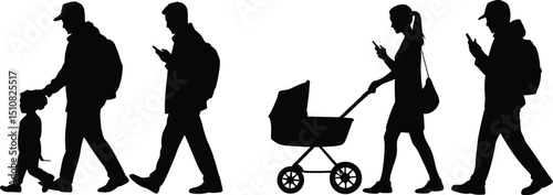 Silhouettes of people walking and using cellphones with a child and baby stroller on a white background