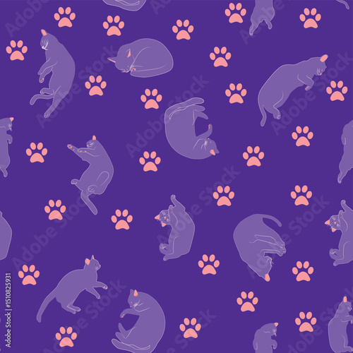 Mystical seamless pattern of cats in boho style, silhouette collection. Esotericism and mysticism, occultism. Cartoon flat vector illustrations, isolated