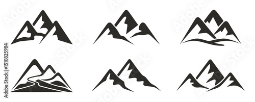 Mountain Silhouette Vector Set, Minimalist Black Mountain Shapes on White Background