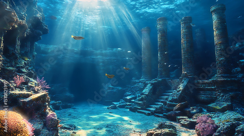 Sunlit Underwater Ruins with Coral and Fish