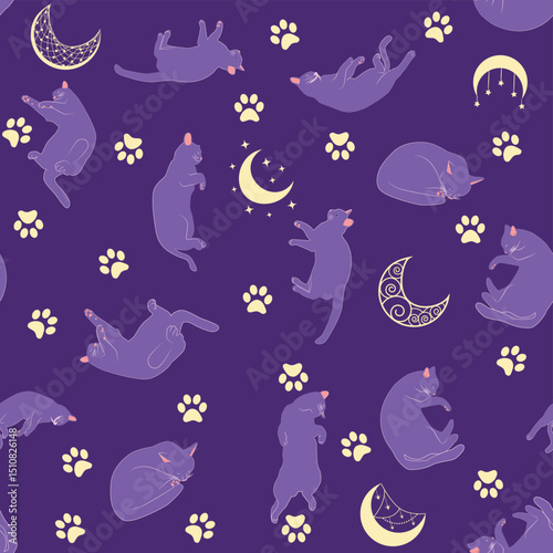 Mystical seamless pattern of cats in boho style, silhouette collection. Esotericism and mysticism, occultism. Cartoon flat vector illustrations, isolated
