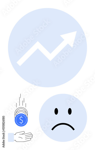 Upward arrow representing financial growth, hand with dropping coins, and sad face indicating frustration or monetary loss. Ideal for economy, finance, investment, budget, business, savings simple