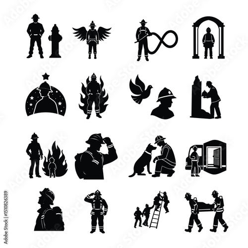 Brave Firefighters in Action Silhouettes of Rescue, Firefighting, and Heroism on Clean White Backgrounds