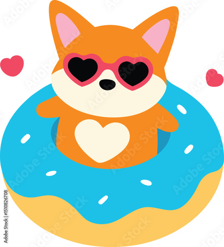 Kawaii corgi wearing fun heart shaped sunglasses and feeling fabulous on white background