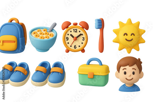 Kids' Morning Essentials. 3D icons set of kids’ morning routine: school backpack, cereal bowl, cartoon clock, toothbrush, cartoon