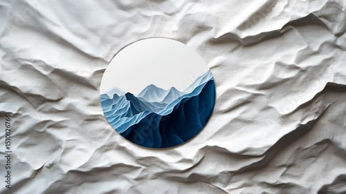 Mountainscape circle on textured white fabric backdrop