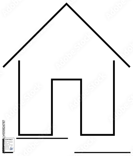 House outline with contract paper symbolizing home ownership, real estate transactions, and agreements. Ideal for real estate, home buying, renting, construction, legal contracts, property