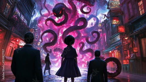 Monster in sky over street scene