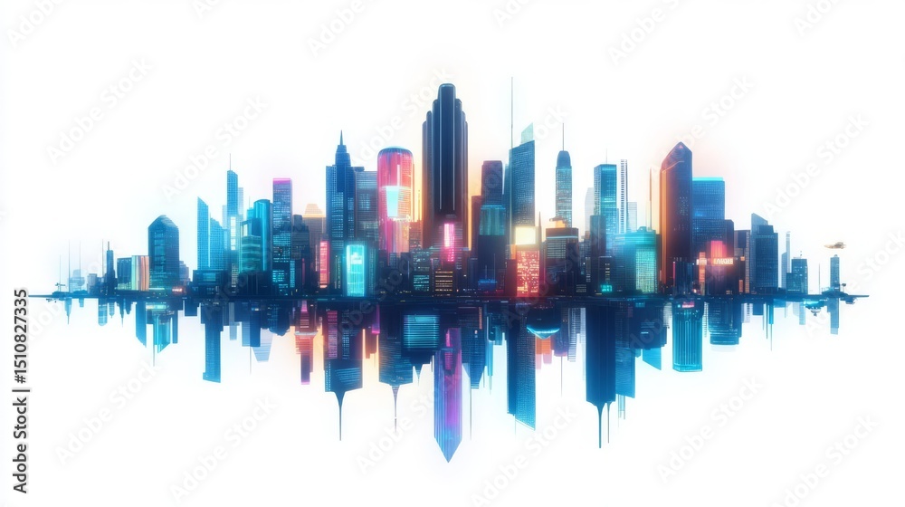 Obraz premium A vibrant city skyline at night reflecting colorful lights in still water, symbolizing urban energy and beauty.