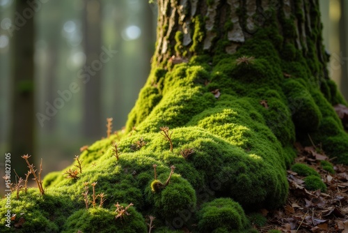 Moss-covered tree trunk in serene landscape