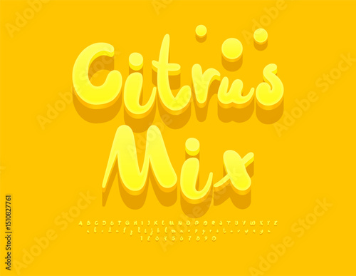 Vector Creative badge Citrus Mix. Modern Playful Font. Funny 3D Alphabet Letters and Numbers set.