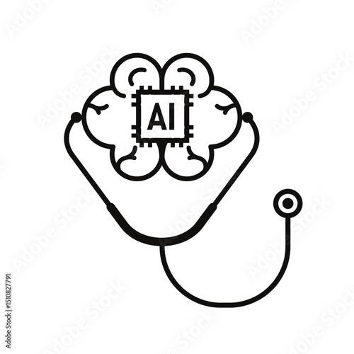 Automation icon. AI in Healthcare.AI brain and stethoscope. Depicts technology, future, artificial intelligence. Outline design style