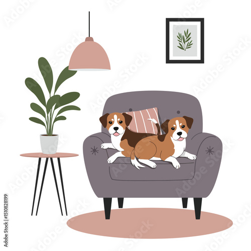 Two Adorable Dogs Relaxing on a Stylish Armchair in a Modern Living Room Illustration