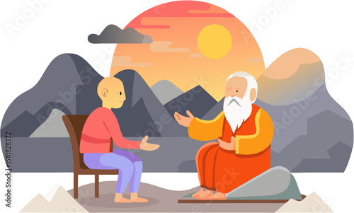 Sage Giving Advice to Seated Man at Sunset