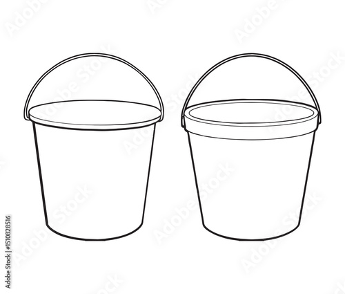Simple plastic bucket line art – set of two. Black and white household bucket illustrations.