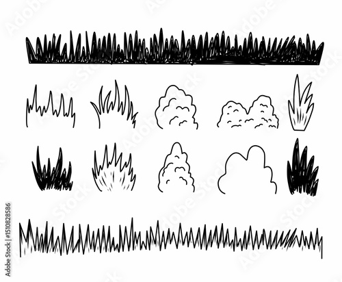Hand-drawn grass and bush silhouette vector set. Ideal for landscaping design, nature illustrations, and outdoor elements
