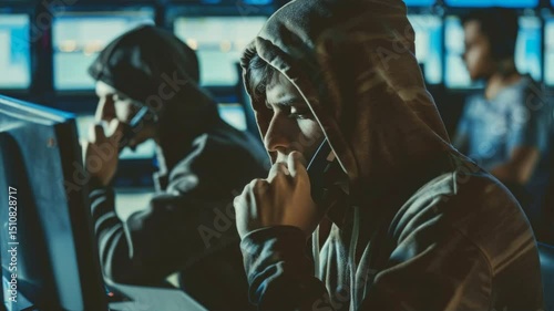Group of scammer wearing a hoodie is talking on a cell phone, fraud and criminal concept