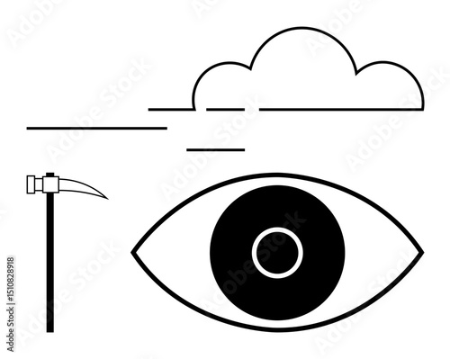 Eye motif with bold lines, sickle representing labor, cloud conveying nature or freedom. Ideal for vision, productivity, agriculture, labor, sustainability, hard work simple landing page