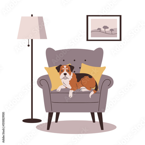 Cozy Interior Scene with Dog Relaxing on Armchair with Lamp and Picture Frame