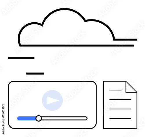 Cloud symbol above video player and document icons representing online storage, streaming, and file sharing. Ideal for technology, productivity, collaboration, remote work, cloud computing, media