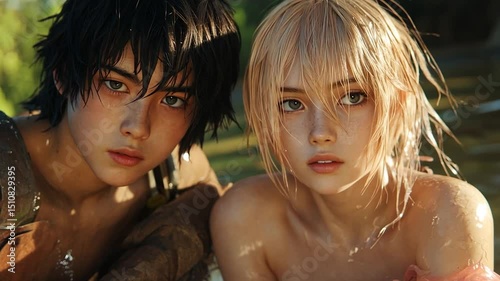 Close up portrait of young male and female with water droplets and natural lighting