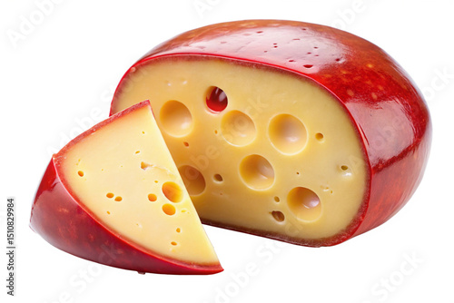 Foto Edam Cheese with Wedge Cut Out Ready for Serving Isolated on Transparent Backgro
