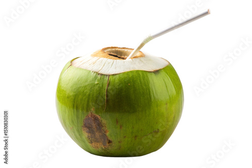 Fresh Green Coconut with Straw Ready for Drinking Isolated on Transparent Background photo
